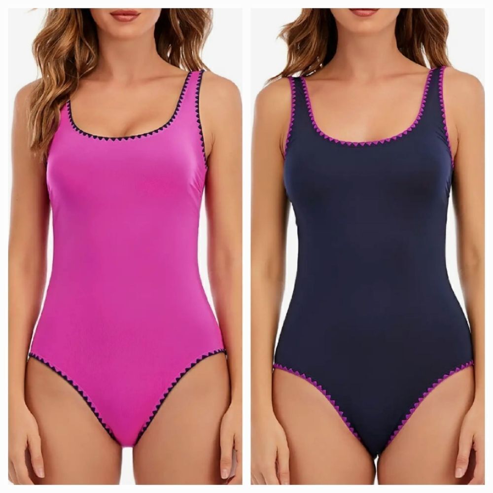 Lucky Brand Women's Navy / Pink Crochet Trim Reversible Piece Swimsuit